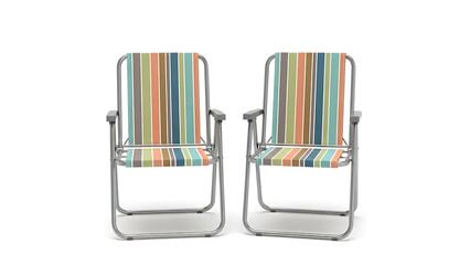 Pair of modern outdoor chairs with striped fabric and metal frame