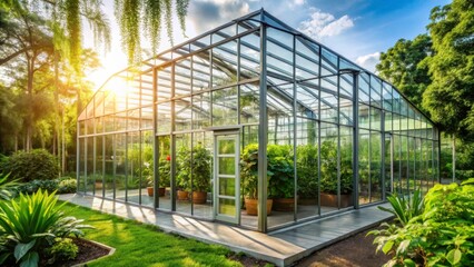 Fototapeta premium Modern Glass Greenhouse Surrounded by Lush Outdoor Plants at Sunset