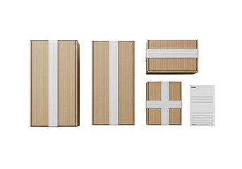 Three pristine varied-sized brown corrugated cardboard shipping boxes with white tape and label, 45-degree overhead on transparent, concept of shipping and logistics