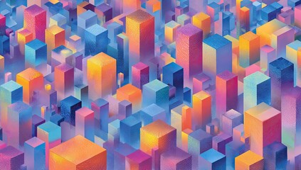 Abstract digital art of colorful 3D blocks, vibrant gradients, and architectural shapes