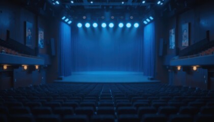 Stage set for a performance in a theater with blue lighting and empty seats Generative AI