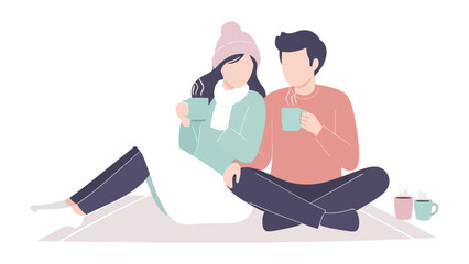 Cozy Moment: A warm embrace of togetherness, featuring a couple sharing a relaxing moment with cups of tea or coffee, embodying a feeling of warmth, comfort, and bonding.
