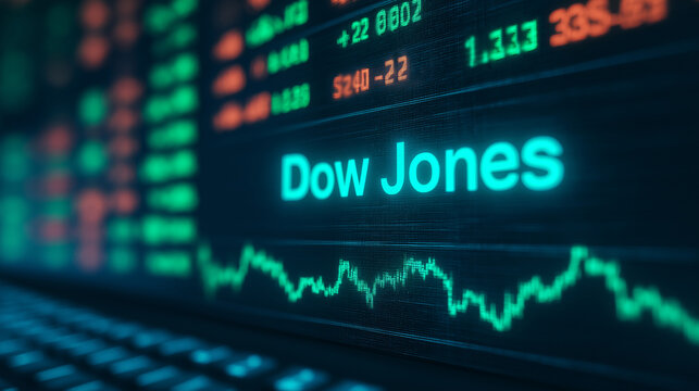 Dow jones index showing on a computer screen with stock exchange,trading,financial data in background.