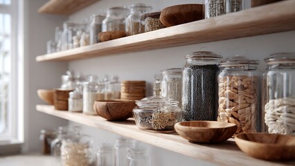 Naklejka premium Organized Glass Jars on Wooden Shelves with Natural Detail in Kitchen