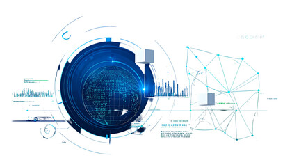 Futuristic digital interface with a glowing globe and data visualizations, black background