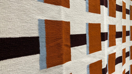 Mid-Century Modern Geometric Woven Textile Texture. Abstract Design Carpet or Rug Close-Up with...