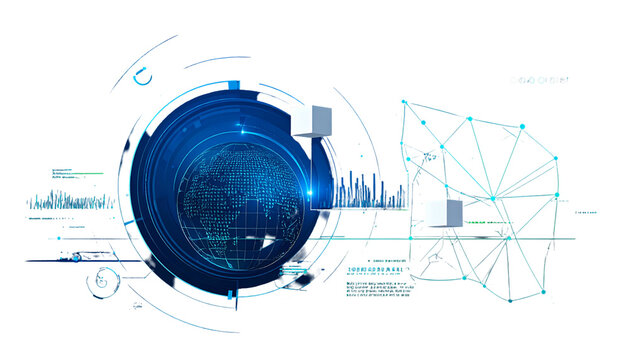 Futuristic digital interface with a glowing globe and data visualizations, black background - Powered by Adobe