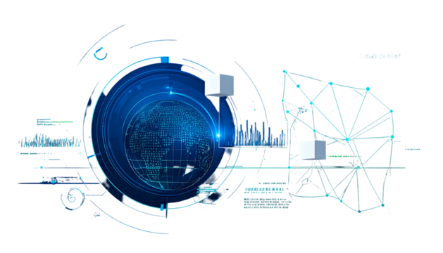 Futuristic digital interface with a glowing globe and data visualizations, black background - Powered by Adobe