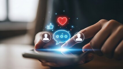 Person using smartphone with social media icons and glowing effects