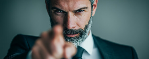 Focused businessman in suit pointing directly at the camera, symbolizing communication, authority, and engagement in a professional setting
