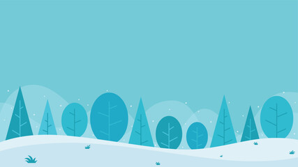 Minimalist and clean winter landscape with stylized trees illustration against soft blue sky suitable for seasonal designs, December events, and Christmas.