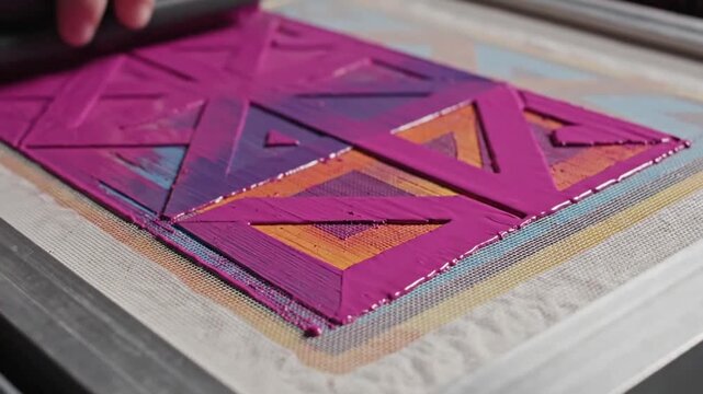 Creative Screen Printing Process: A Detailed Close-Up of a Squeegee Spreading Magenta Ink