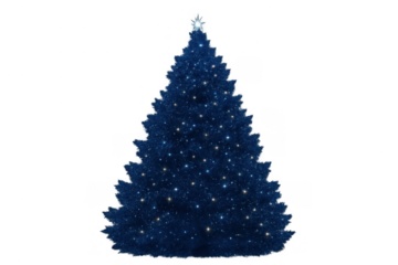 Blue christmas tree with sparkling lights. Festive holiday season decoration on transparent background, celebrating winter