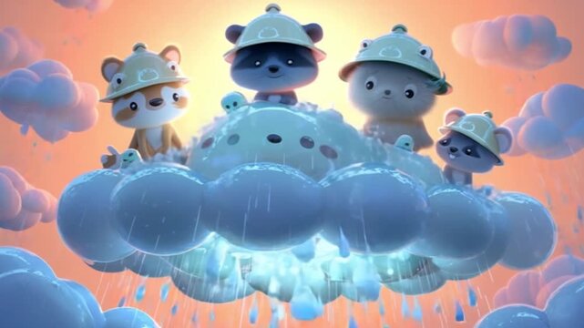 Four adorable cartoon animals wearing helmets sit on a fluffy cloud during a gentle rain shower against a warm sunset sky.