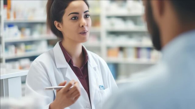 A woman in a white lab coat is talking to a man in a blue shirt. The woman is a pharmacist