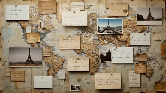 Vintage World Map with Travel Photos and Handwritten Notes, Nostalgic Journey