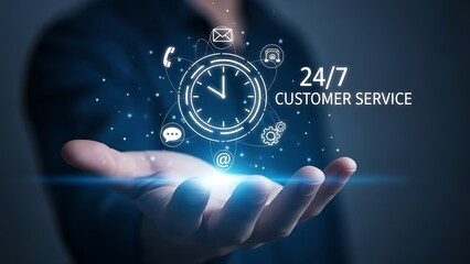 Hand holding 24/7 customer service icon with clock