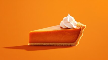 Delicious slice of pumpkin pie on vibrant orange background showcasing autumn flavors and seasonal dessert appeal.