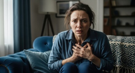 Fototapeta premium Woman experiencing chest pain while sitting on sofa at home