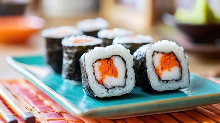 Delicious sushi rolls displayed on a turquoise plate with a vibrant orange backdrop during a bright and modern dining experience.