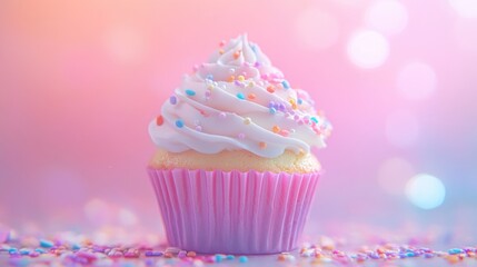 Delightful pastel cupcake with colorful sprinkles and frosting on a vibrant background in a cozy bakery setting