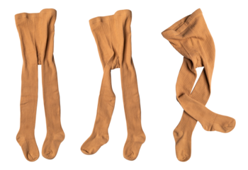 Beige brown children's ribbed tights isolated on white background. Warm clothing for child, baby, toddler. With clipping path. Cut-out clothing for advertising and design. Tights collection. Mockup