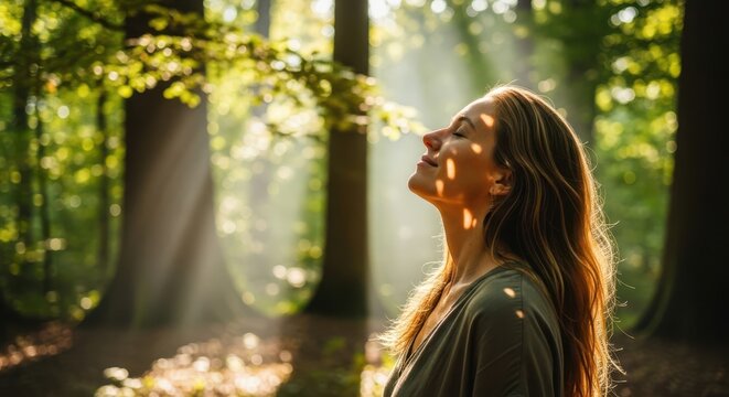 Woman breathing fresh air in serene forest