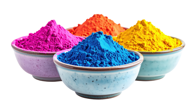 Colorful Holi Powder In Bowls Isolated On Transparent Background For Indian Festival Celebrations And Creative Projects Pink Blue Orange And Yellow Pigments - Powered by Adobe