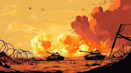Desert war tanks battle scene with explosions, barbed wire and ruins background