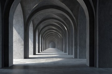 A rhythmic succession of concrete arches creates a sense of depth and symmetry, leading to a distant vanishing point. The play of light and shadow.