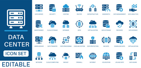 Data center icon set. featuring servers, cloud storage, networking, cybersecurity, virtualization, backup, data analytics, data storage, data science and more. perfect vector icons collection.