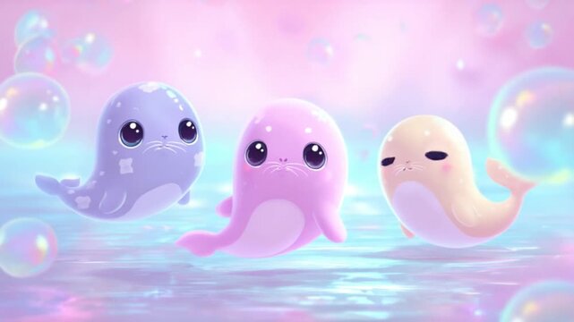 Three adorable, whimsical sea creatures float playfully in a dreamy, pastel water world.
