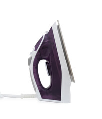Purple electric iron placed on a clean white background