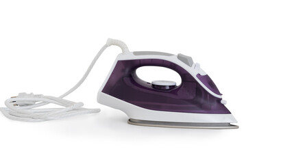 Purple electric iron placed on a clean white background