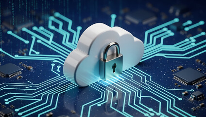 Cloud security concept with padlock on circuit board
