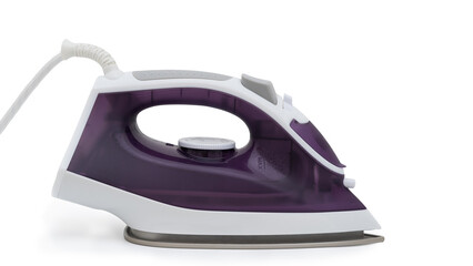 Purple electric iron placed on a clean white background