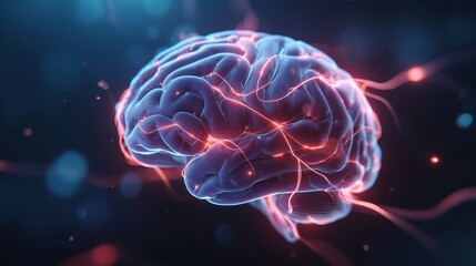 Fototapeta premium Conceptual Illustration of a Human Brain Illuminated with Glowing Networks on Blue Background