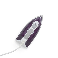 Top view Purple electric iron placed on a clean white background