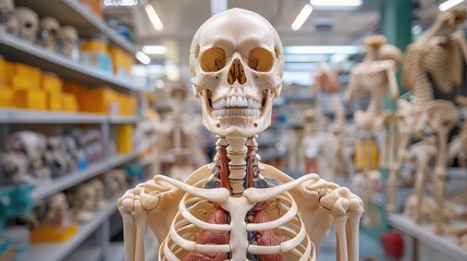 Detailed anatomical skeleton model in a medical classroom for education