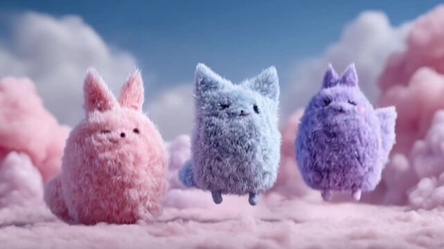 Three fluffy, whimsical creatures floating joyfully amidst soft pastel clouds
