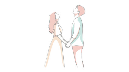 Eternal Gazing: An artistic representation of a tender couple, holding hands and looking up together, their figures simply drawn in delicate lines, conveying the essence of love and shared dreams.
