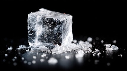 Close Up of a Single Ice Cube on a Black Reflective Surface with Scattered Ice Fragments