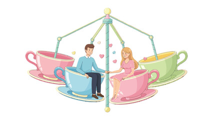 Obraz premium Cup Ride of Romance: A lovely couple sharing an intimate moment of togetherness on a whimsical teacup ride, surrounded by pastel colors and hearts.