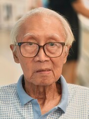Close-Up Portrait of Wise Elderly Asian Man with Glasses