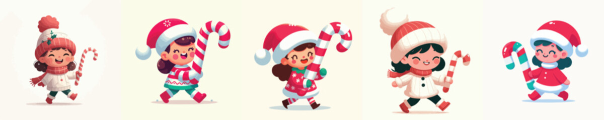 vector of a little girl carrying a candy cane