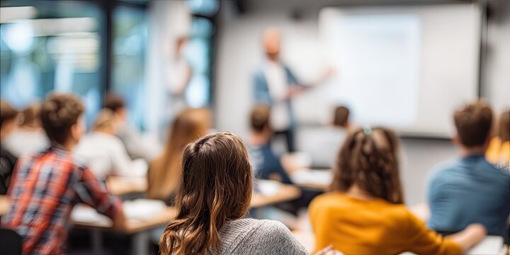 Students attentively listen to a teacher presenting at a projector screen in a classroom - Powered by Adobe