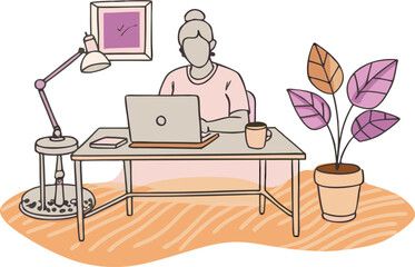 A person works remotely in a cozy home office setup illustration isolated on transparent background, Vector