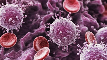Detailed close-up of blood cancer cells, showcasing their structure and complexity.