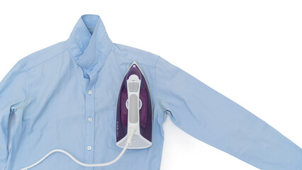 Top view of a purple electric iron placed on a light blue shirt while ironing