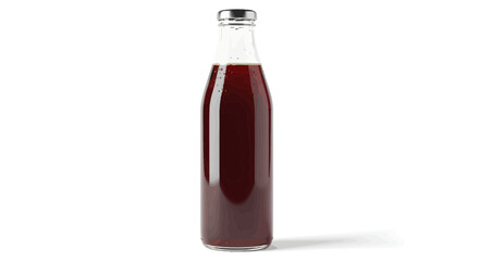 A Tall Glass Bottle Filled with a Rich, Dark Beverage, Likely Juice or Coffee, Against a Clean White Background